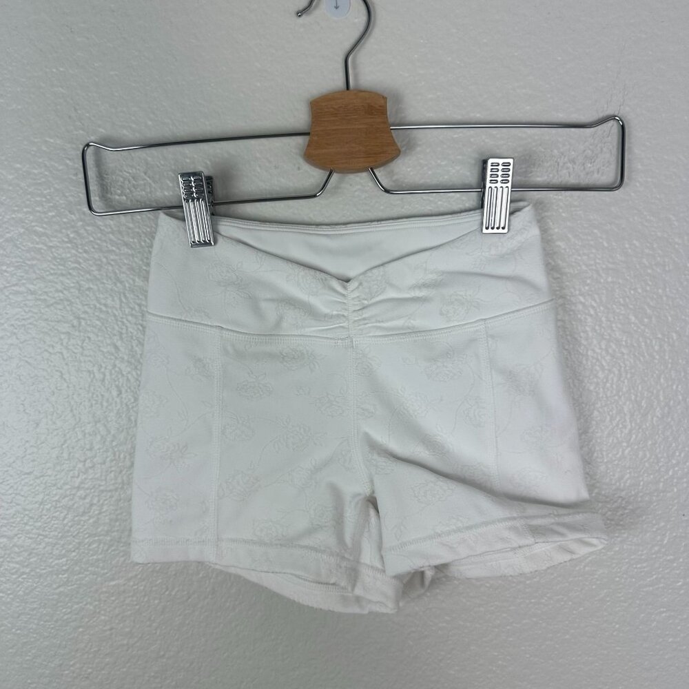 Frankies Bikinis Active White Floral Print Shorts S Ruched Front Stretch Girly C